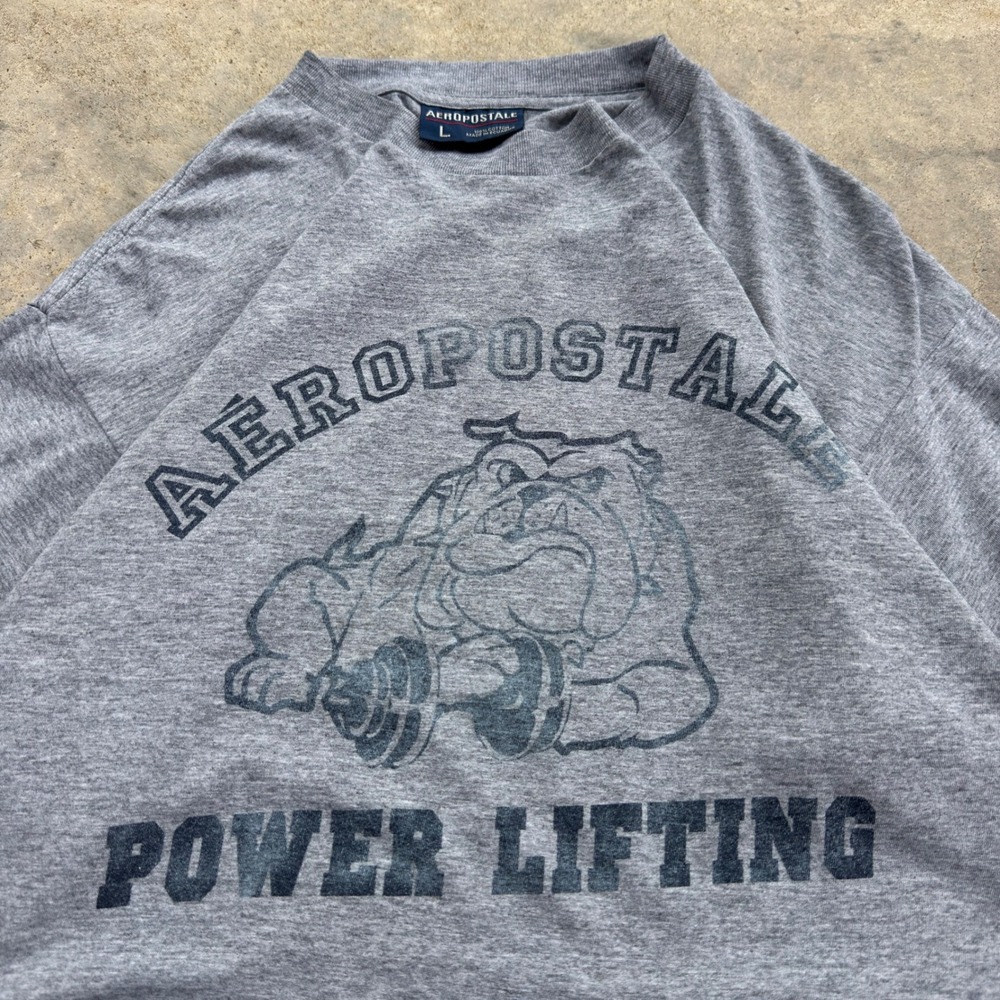 Vintage 90s Aeropostale Bulldog Power Lifting T-Shirt Grey Large (i3)